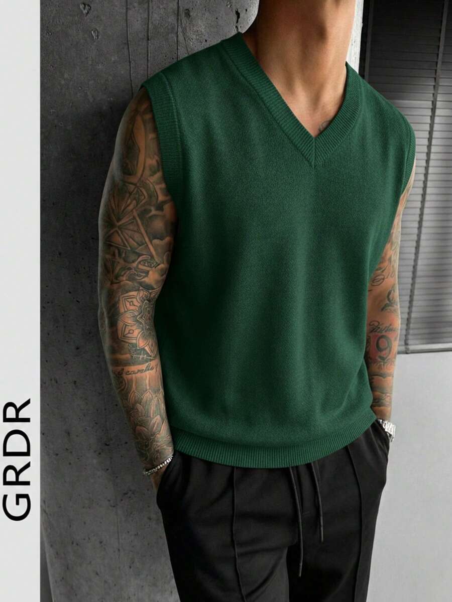 GRDR Chaleco de punto de hombre de estilo casual y versátil para uso diario, de color gris claro sólido, de cuello en V sin mangas, de tejido de punto y corte slim - Verde - Ver 1