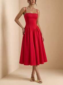 女士红色无袖吊带派对连衣裙，修身剪裁，A字中长裙摆，后背拉链，优雅复古时尚风格，适合晚宴、约会、正式晚宴、购物、休闲聚会、夏季度假、春季日常穿着、毕业典礼等场合。 - 紅色 - 查看 4