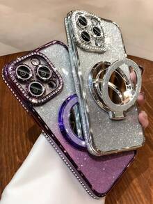 Phone Case: Luxury Rhinestone Transparent Glitter Magnetic Protective Case, Compatible With Apple 16/15/14/13/12/11 Pro Max/15/16 Plus/SE4, Mirror Magnetic Bracket Soft Shell - Pink - View 6