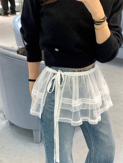 蕾丝边半身裙，女士春夏新款，可搭配半身裙/裤子叠穿，时尚系带白色蕾丝边半身裙