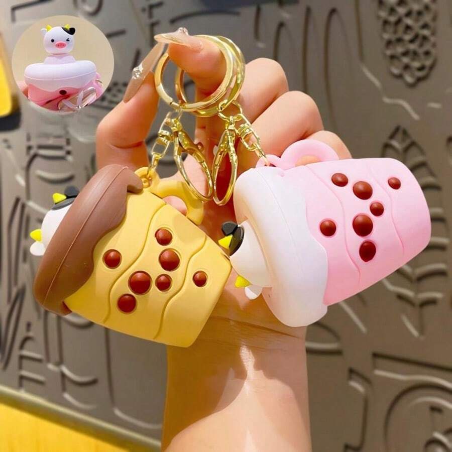1个2026年畅销创意奶茶杯奶牛挤压玩具钥匙扣，卡通趣味减压挂件，背包挂件，完美礼物，节日礼物，生日礼物，趣味礼物，情人节礼物 - 彩色 - 查看 1