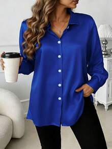 Plus Size Women's Satin-Feel Casual Versatile Button-Up Shirt Spring - Blue - View 1