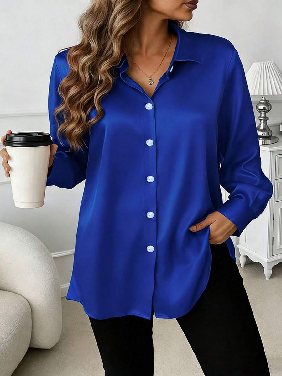 Plus Size Women's Satin-Feel Casual Versatile Button-Up Shirt Spring - Blue - View 1