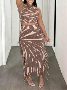 女士休闲日常度假优雅性感无袖露背上衣和流苏下摆长裙两件套，夏季 - 藕粉色 - 查看 4