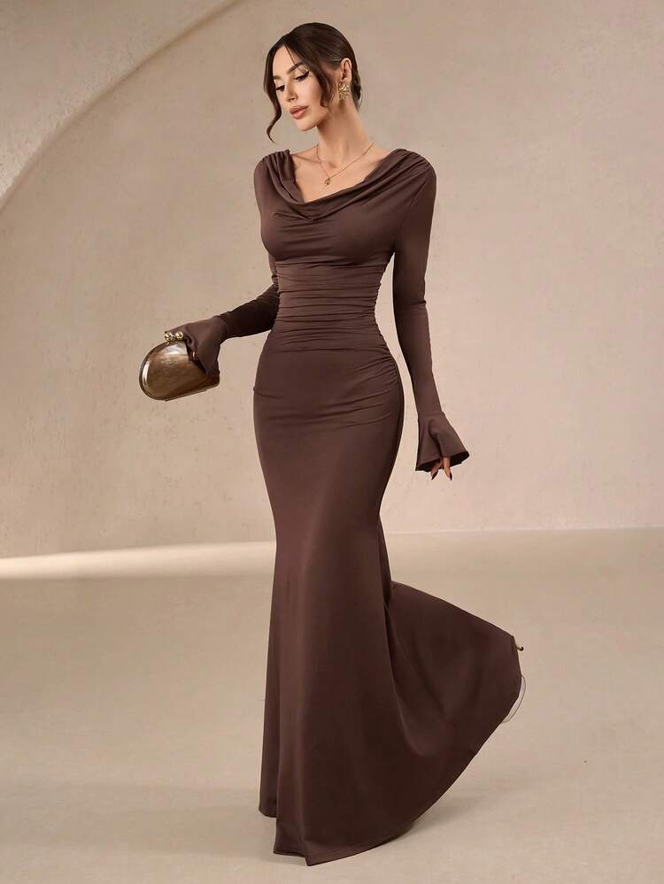 Women's Elegant Brown Knitted Long Sleeve Bodycon Dress With Cowl Neck Criss Cross Backless And Ruched Details For Party Wear Spring - Brown - View 5