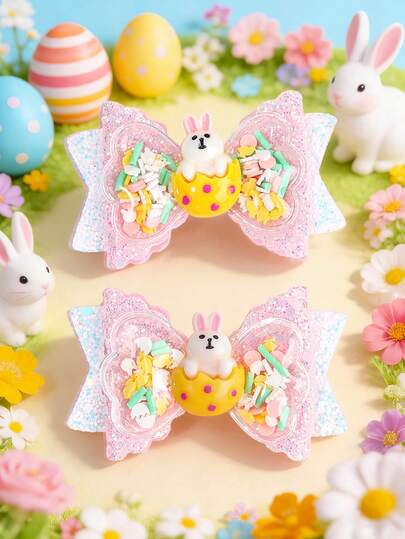 2pcs Bunny Ears Easter Day Hair Bows For Girls, Glitter Bling Pink Bow Hair Clips For Girls, Rabbit Decor Hairpins, Cute Hair Accessories For Girls Gifts Party Easter Holiday Spring