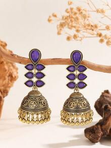 一对传统水滴叶形耳环，配有铃铛、珠子和流苏，适合女性和女孩日常、节日、婚礼和派对佩戴/珠宝礼品 - Jhumka - 查看 1