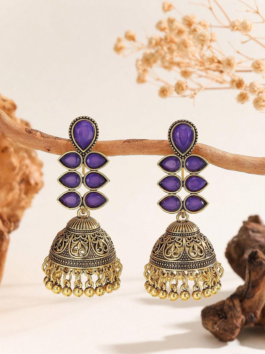 一对传统水滴叶形耳环，配有铃铛、珠子和流苏，适合女性和女孩日常、节日、婚礼和派对佩戴/珠宝礼品 - Jhumka - 查看 1