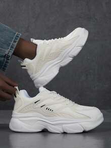 新款春夏男士圆头系带厚底运动鞋，时尚街头风休闲运动鞋 - 米色 - 查看 3