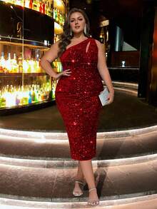 CHOSMO新款蓝色不对称亮片舞会礼服，修身无肩带优雅晚礼服，女士婚礼派对礼服，优雅奢华针织高腰长裙，闪亮正式春季礼服 - 紅色 - 查看 7