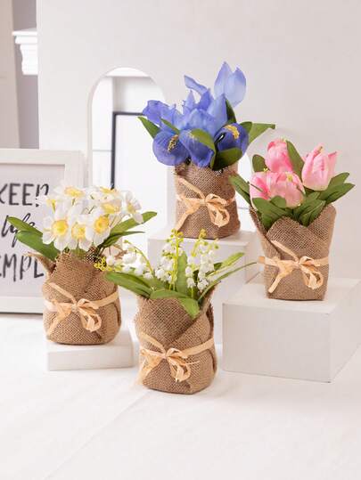 4pcs/Set Artificial Flower Potted Plants, Daffodil, Lily Of The Valley, Tulip, PE Material, 4 Varieties, Desktop Decor, Suitable For School, Dorm, Office, Artificial Plant Potted Home Decoration, Ornament Landscape, Party, Holiday, Birthday, Wedding, Home, Hotel, Restaurant, Living Room, Bedroom, Kitchen, Garden Decor, Wedding Season, Gift, Spring/Summer Decoration, Green Decor