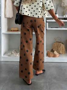 女士复古波点宽松中腰休闲牛仔裤，弹力牛仔裤，时尚百搭街头风 - 棕色 - 查看 2