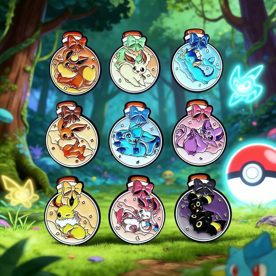 pokemon 9枚宝可梦瓶形创意徽章，日系动漫风格宝可梦主题配饰，可爱伊布卡通珐琅胸针，适合背包服装装饰，时尚饰品朋友礼物，宝可梦徽章书本铅笔盒装饰，精灵球徽章 - 彩色 - 查看 1
