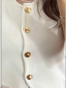 2026 Spring/Summer New Arrival Knitted Metal Button Cardigan Vest, 1pc Elegant & Fashionable White Knit Vest - White - View 3