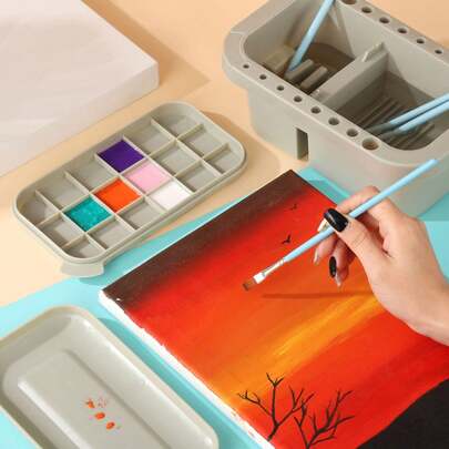 3-In-1 Multifunctional Bucket With Palette, Can Hold Painting Brushes; Portable Brush Holder