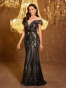 UNITHORSE [Random Cut] Deep V-Neck Mesh Patchwork Random Sequin Fishtail Hem Party Evening Dress - Black - View 5