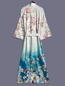 波西米亚薄荷绿印花中长款长袖和服罩衫，轻盈休闲，适合女士穿着，优雅百搭，适合派对、海滩、旅行、度假等场合，柔软轻薄，侧开衩设计，配有腰带，春季款。 - 薄荷綠 - 查看 2
