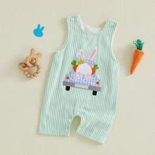 Ropa de bebé y niños pequeños - Petos, mamelucos, ropa de Pascua con bordado de conejo y zanahoria, mamelucos sin mangas - Azul menta - Ver 14