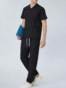 Black V-Neck Short Sleeve Scrub Set, Medical Uniform For Doctors & Nurses - Black - View 2