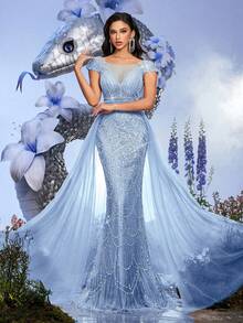 Robe de soirée élégante et formelle pour femmes avec sequins et perles, robe de bal maxi sirène scintillante, dos lacé, pour invitée de mariage, remise des diplômes, banquet et cocktail - Bleu ciel - Voir 4