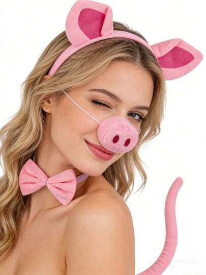 1 pieza/4 piezas Conjunto de disfraz de cerdo, incluye diadema con orejas de cerdo, cola, nariz, moño y otros accesorios de disfraz de animales. Disfraz de cerdo rosa. Adecuado para Halloween, carnaval, Navidad, eventos de cosplay, fiestas de cumpleaños con temática de cerdos y juegos imaginativos.