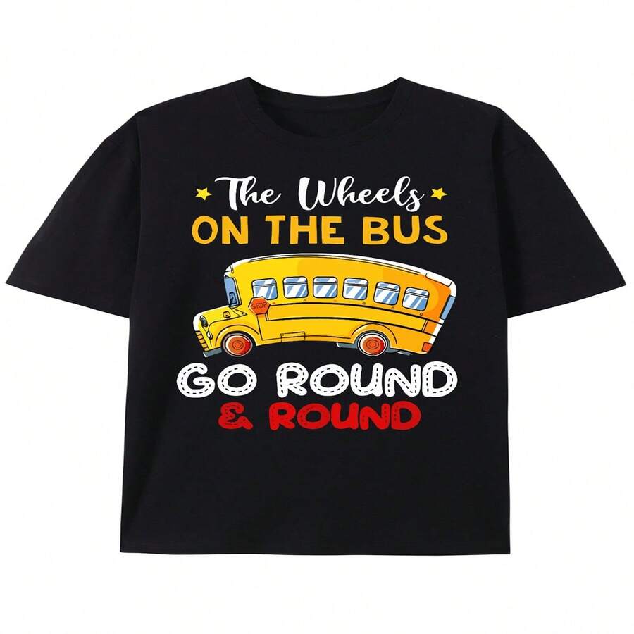 Men's 'The Wheels On The Bus Go' School Bus Driver Back To School Cotton Printed T-Shirt Sleeve, Round Neck, Loose Fit, Casual Sports T-Shirt For Men - American Style, Curry Night Inspired, Comfortable And Breathable - Black - View 1