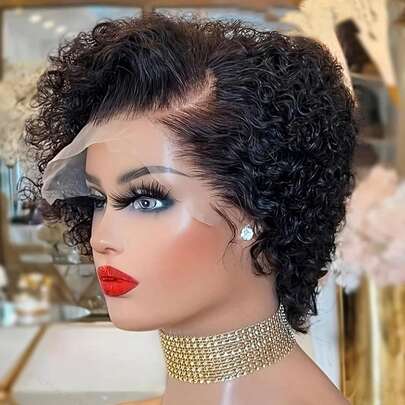 T Part Lace Front Wig Pixie Cut Wigs For Women Human Hair 13x4x1 Lace Frontal Curly Short Human Hair Wig For Black Women Short Wig For Women 1B Black, 99J Burgundy Short Pixie Wigs For Black Women Layered Short Wigs With Side Bangs Human Hair For Daily Use