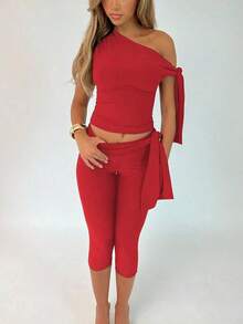 2pcs/Set Women Summer Solid Color Asymmetrical Collar Top And Capri Pants - Đỏ - Xem 1