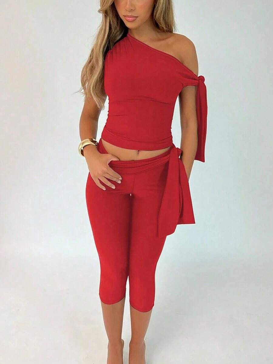 2pcs/Set Women Summer Solid Color Asymmetrical Collar Top And Capri Pants - Đỏ - Xem 1