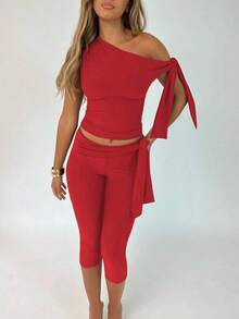2pcs/Set Women Summer Solid Color Asymmetrical Collar Top And Capri Pants - Đỏ - Xem 3