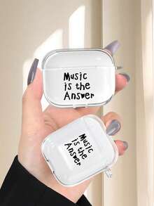 Slogan 1 Case + 1 Lanyard Creative "Music Is The Answer" Pattern Wireless Earphone Protective Case & Lanyard - Transparent + Hanging Cord - View 2