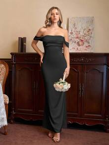 PARTHEA 露肩褶饰缎面优雅连衣裙 - 黑色 - 查看 8