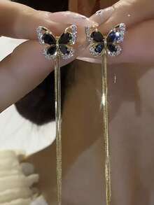 2件套 时尚优雅性感红黑蝴蝶吊坠耳环套装，镶嵌闪亮水钻，流苏长耳环，适合日常和派对场合，四季皆宜。 - A - 查看 9