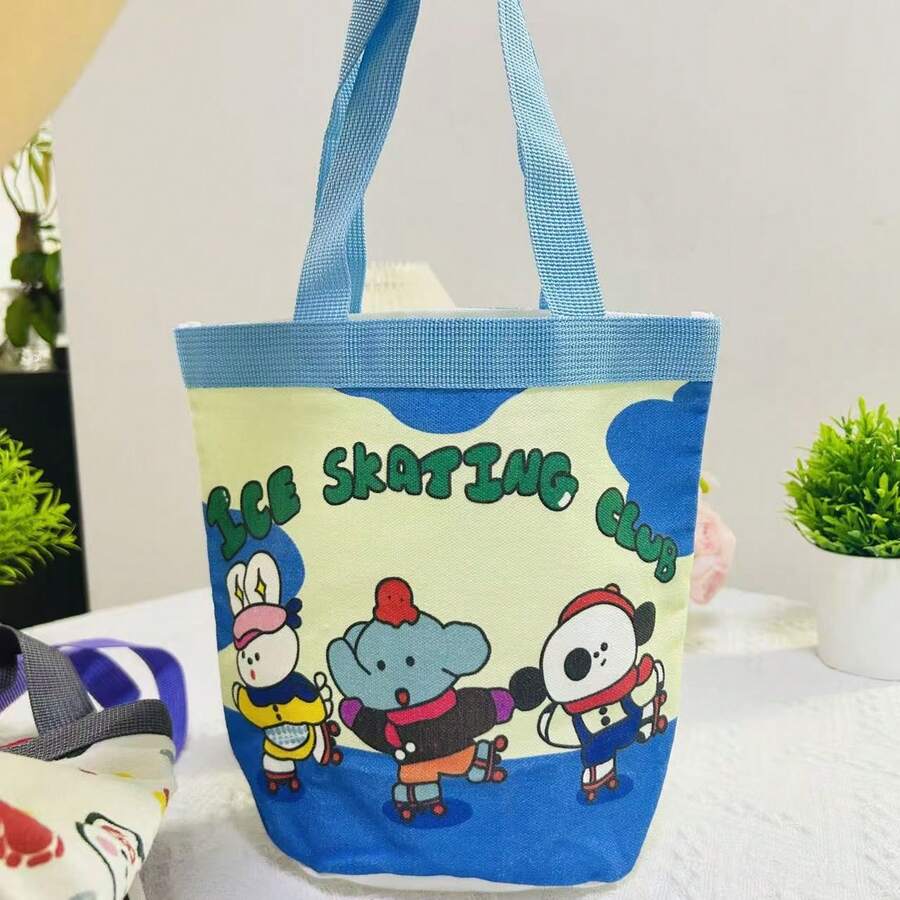 可爱涂鸦水桶包卡通手提袋，INS印花圆筒帆布午餐包，女孩手提午餐盒包 - A - 查看 1