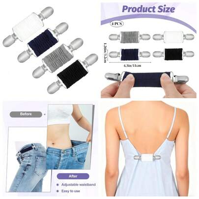 Adjustable Waist Cincher Clips Elastic Clothing Tightener For Shirt Dress Pants Unisex 4 Pack Multi Color