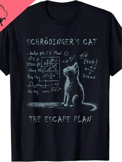 Men's Funny Schrödinger's Cat Quantum Mechanics T-Shirt - Science Humor Physics  Tee with Schrödinger's Equation & Wave Function Collapse Design, Casual Round Neck Short Sleeve Shirt for Physics Fans & Science Lovers, Geometric Pattern with Schrödinger's Cat & Math Equations, Machine Washable Regular Fit for Casual Attire