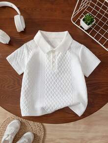 1 pieza Camisa polo de manga corta con estampado floral de tela texturizada para niños pequeños, adecuada para uso diario, escuela, reuniones, vacaciones, viajes en primavera/verano - Blanco - Ver 1