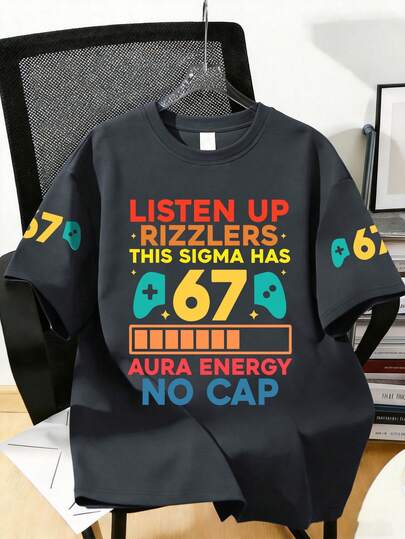 Gen Z Slang Graphic T-Shirt: Designed For Tween Boy, Featuring Game Controller & Number 67 Print, "Rizzlers", "Sigma", "No Cap" Text, Soft Fabric, Suitable For Spring/Summer School Everyday Wear, Casual For School, Daily Life, And Outings