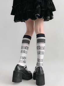 1双女士过膝音符条纹哥特朋克Y2K美学弹力袜，适合日常穿着、音乐节和派对装扮 - 彩色 - 查看 5