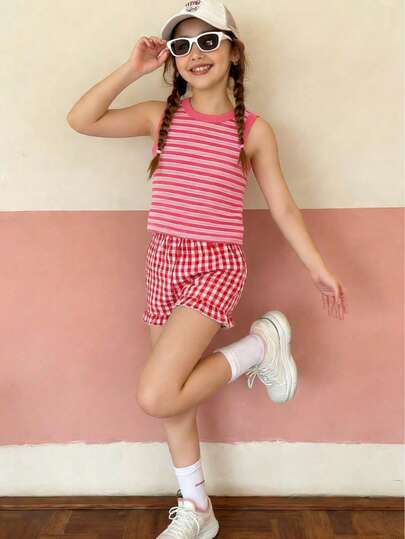2pcs/Set Comfortable Spring & Summer Casual Striped Tank Top And Plaid Shorts Set, Suitable For Girls And Tween Girl, Ideal For Summer Travel, School, Shopping And Everyday Wear