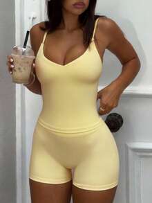 Women's Summer Yellow Sports Two Pieces Simple Sexy Hot Girl Seamless V-Neck Backless Cami Top And High Waist Butt Lifting Biker Shorts Suit For Pilates Yoga Gym Running Daily Outings Home Light Workout - 黃色 - 查看 4