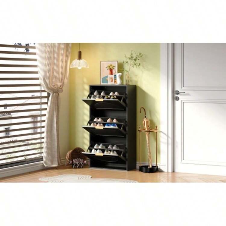 Schuhkipper Schmal Mit 3 Klappen, Schuhschrank, Schuhschrank Schuhkommode Für Flur Wohnzimmer ,Schwarz, Masse:60 X 24 X 114cm(OLD SKU N657P285156S) - 黑色 - 查看 3