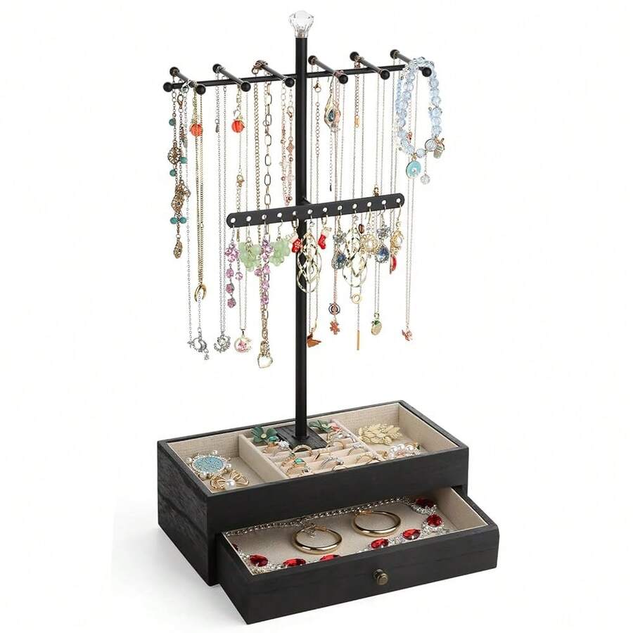 Meangood Jewelry Organizer Stand, 3-Tier Necklace Holder Jewelry Tree With Wooden Storage Drawer Box For Necklace Bracelet Earring Ring,Black - 深黑色 - 查看 1