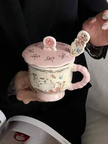 1 pièce Tasse en céramique avec couvercle et cuillère, décorée à la main avec un cygne, un lapin et une fée. Tasse à café latte artistique de style vintage français avec couvercle et cuillère. Tasse à avoine rétro pour le petit-déjeuner. Cadeau de haute qualité pour les amis et les amoureux. Convient pour les restaurants, les salons et les cafés. - Multicolore - Voir 3