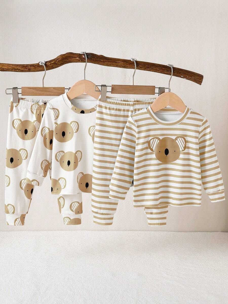 Set de 4 piezas de pijama de manga larga con top y pantalones para bebé niño, con diseños lindos de animales y rayas, de tela suave y cómoda, adecuado para uso diario - Marrón - Ver 1