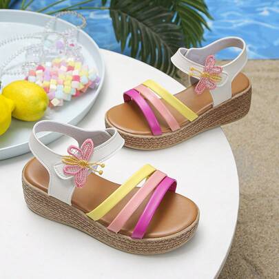 1 Pair Girls' Summer High Heel Sandals, Run Small By 1 Size, Fashionable Colorful Strap Hook And Loop Casual Lightweight Platform Comfortable Outdoor Daily Vacation Beach Wedge Sandals