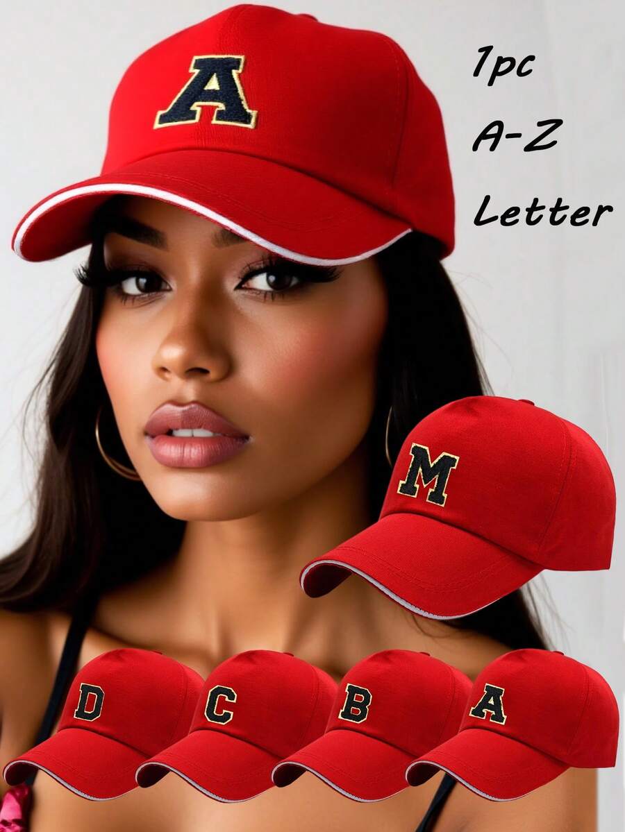 1顶女士个性化A-Z字母拼接棒球帽，长帽檐防晒帽，可调节透气休闲运动帽，适合户外和日常佩戴 - 紅色 - 查看 1