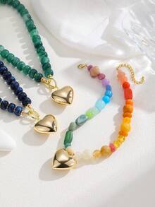 1件时尚亚克力串珠项链，男女皆宜的波西米亚风海滩度假心形吊坠粗项链，适合作为礼物、度假、婚礼服饰 - 金色 - 查看 4