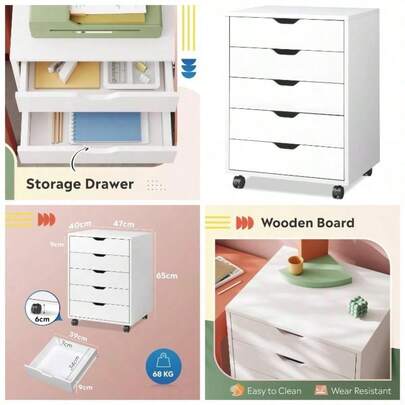 Mobile File Cabinet 5 Drawers, Wood Under Desk Drawers With Wheels Home Office Storage Printer Stand, White