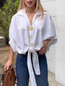 Camisa de tela tejida de unicolor casual con botón retorcido, adecuada para el uso diario de verano en color blanco - Rojo - Ver 5